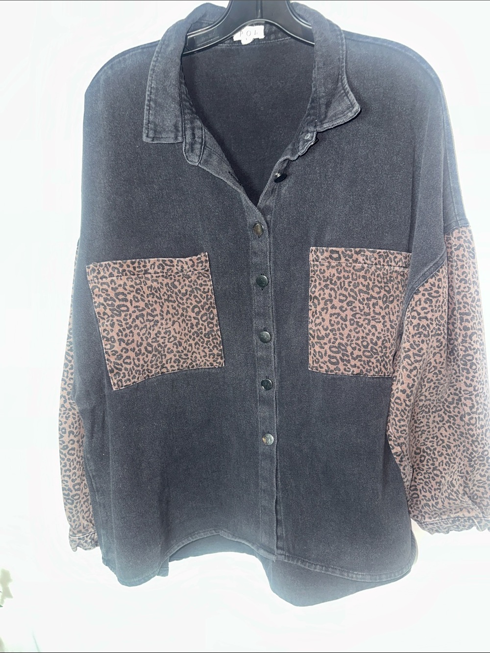 POL Black Button-Front Shacket with Leopard Print Pockets and Sleeves